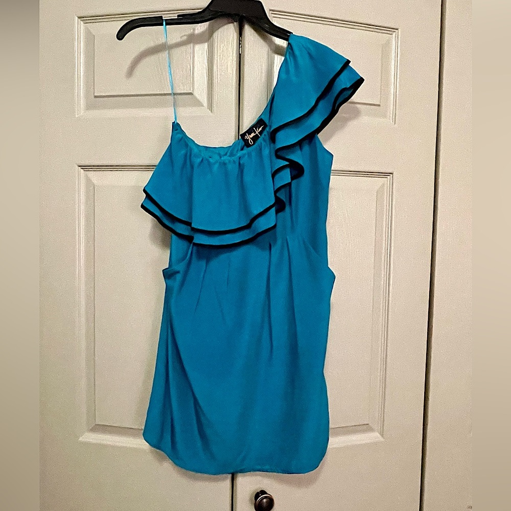 Yumi Kim Lanie Blue Silk Ruffle One Shoulder Mini Dress
